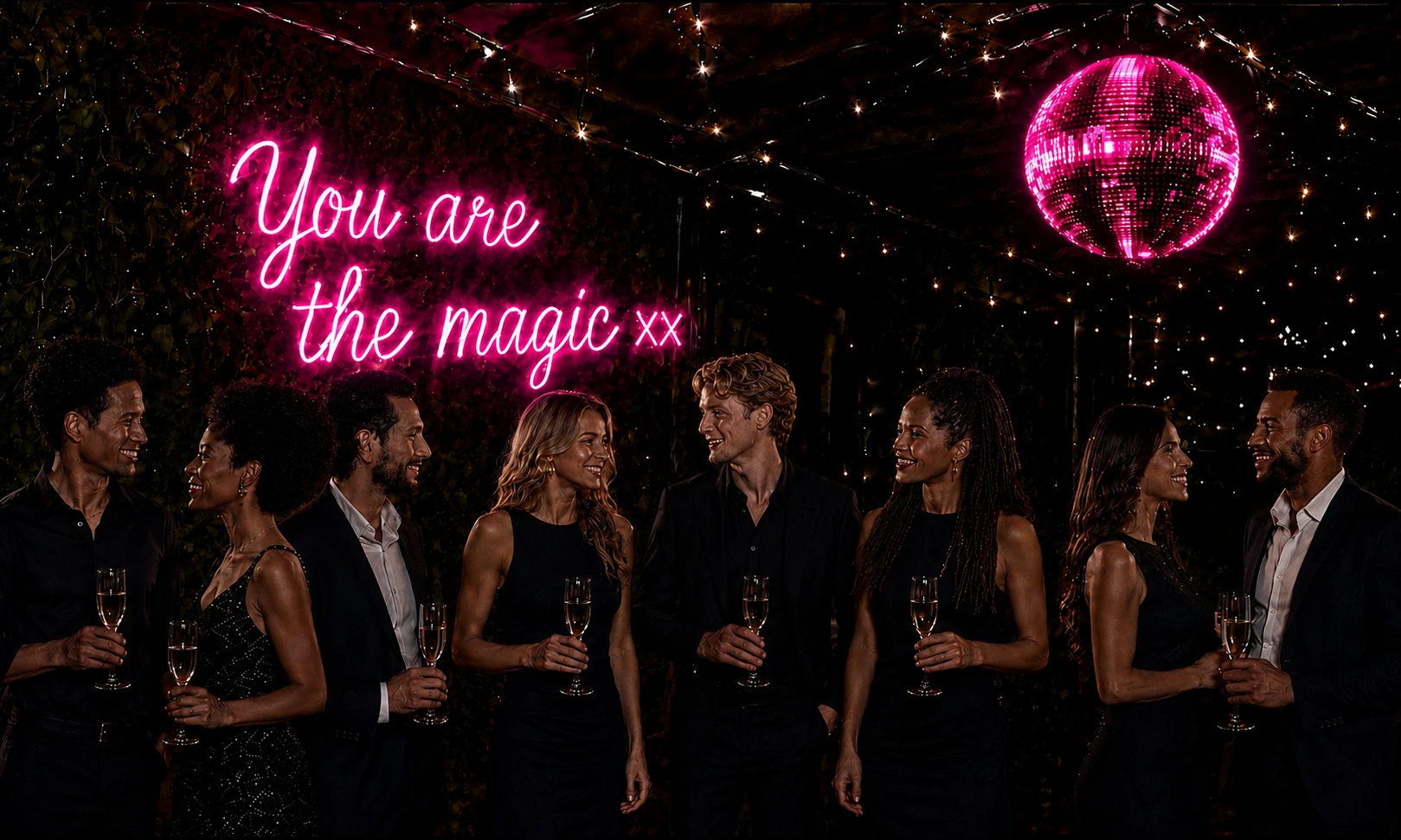 Premium social atmosphere with champagne and pink neon sign