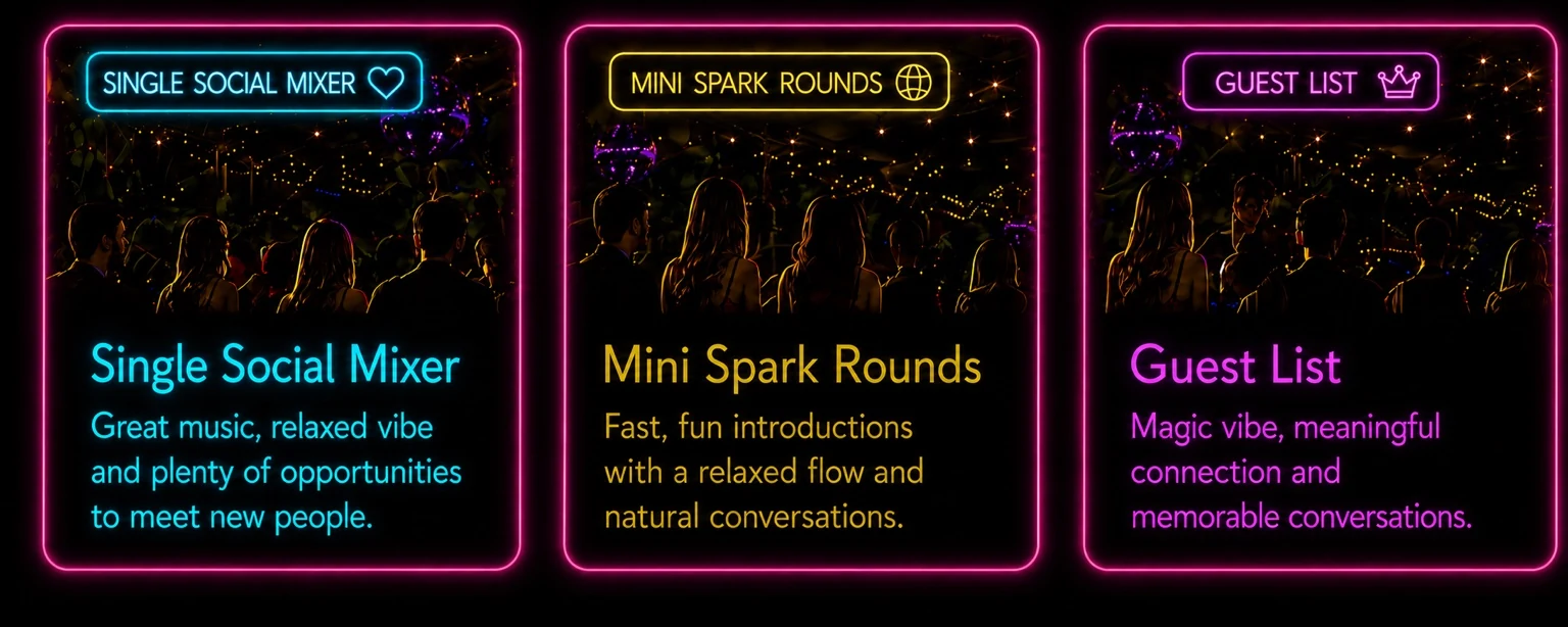 Event options: Single Social Mixer, Mini Spark Rounds and Guest List